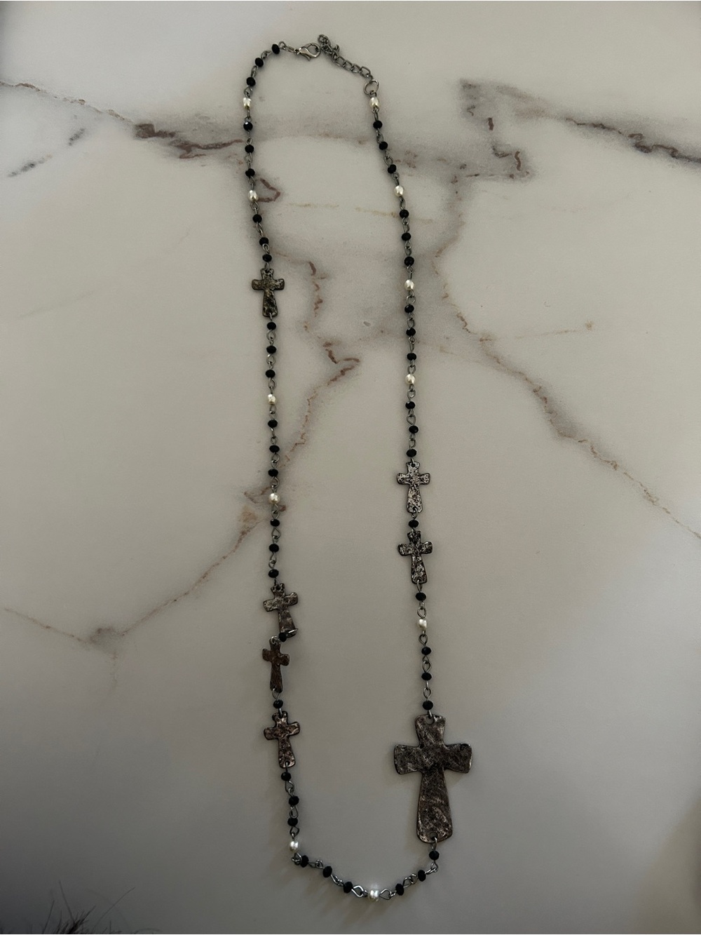 Rosary-Style Cross Pendant Necklace in Black and Silver